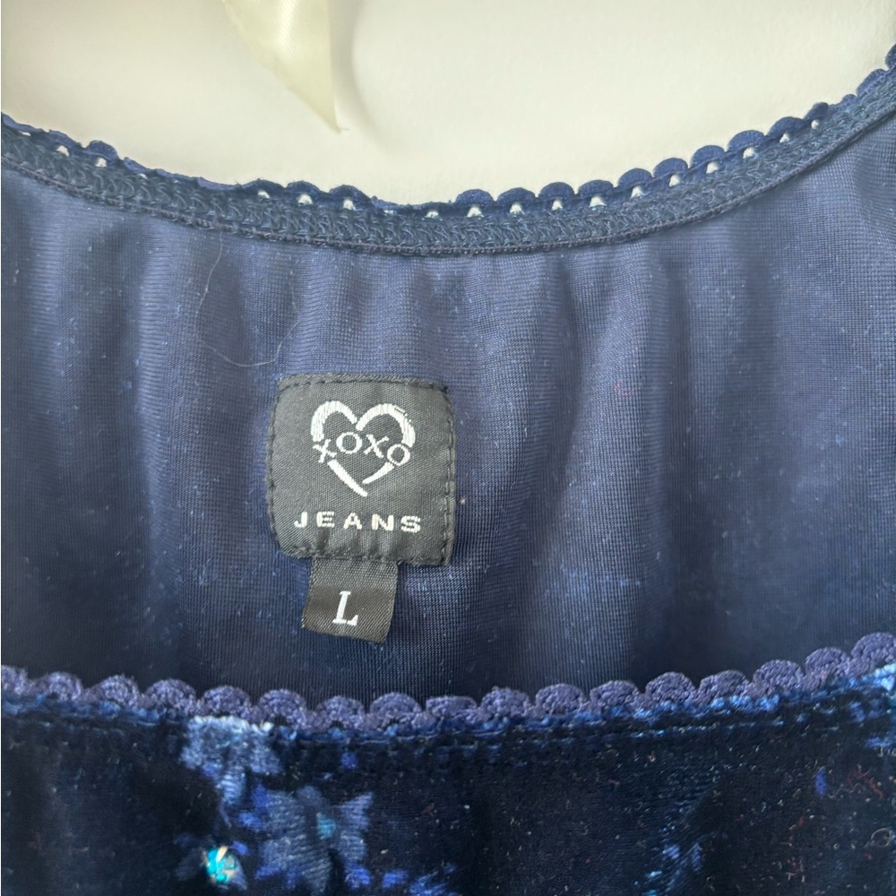 Vintage Y2K XOXO Navy Blue Floral Velvet Sequins Sleeveless Tank Top Square Neck - Picture 5 of 8